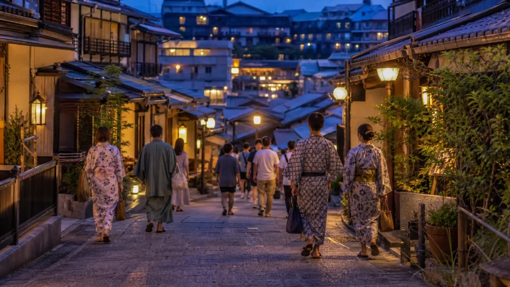 夕暮れの温泉街を浴衣で歩く道後の旅行者