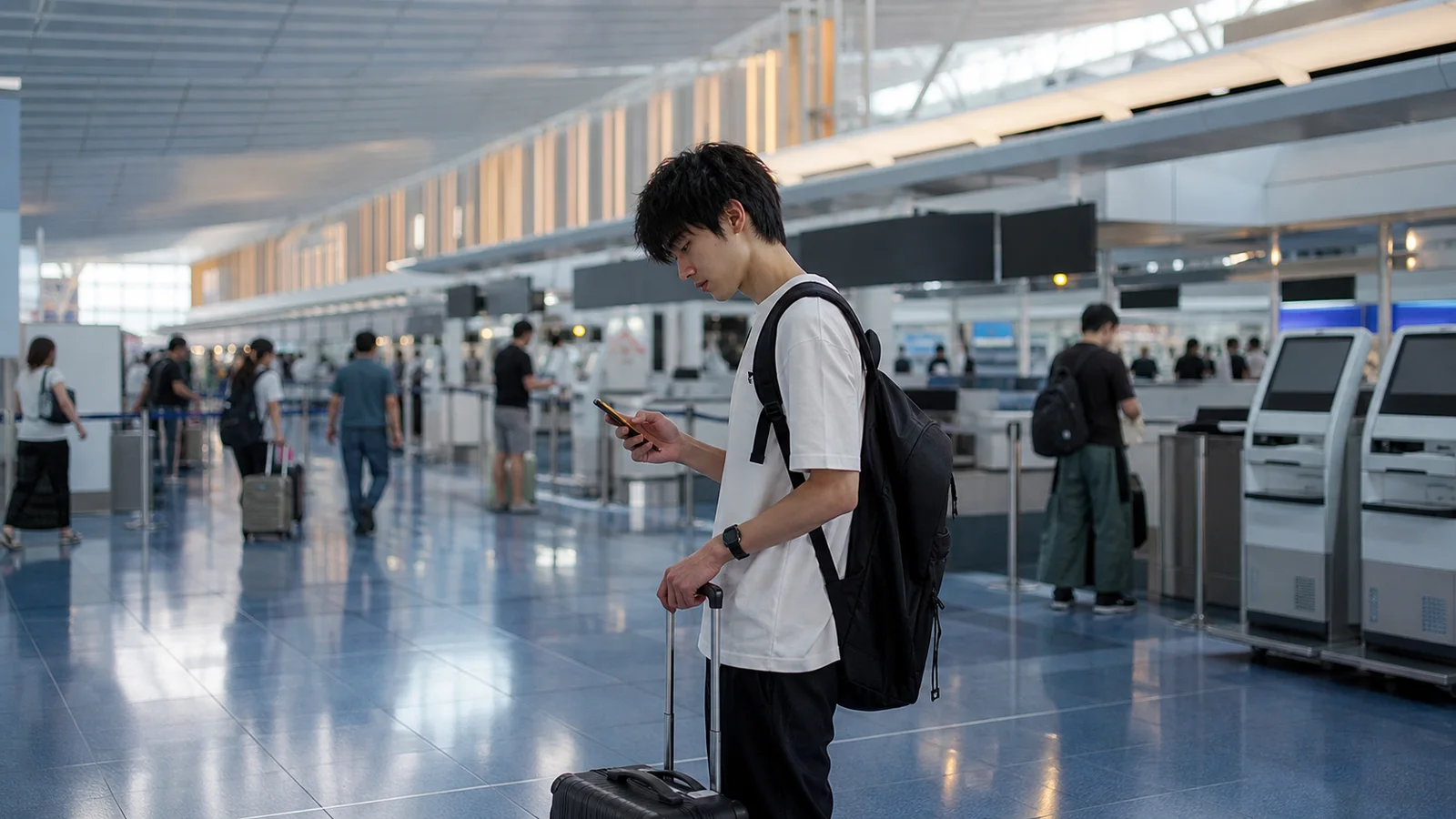 国内線空港の出発ロビーで予約内容を確認する旅行者