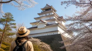 白壁と赤瓦の城郭を城址公園から見上げる旅行者の編集イメージ