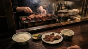 昔ながらの炭火カウンターで厚切りの牛たんを焼く編集イメージ