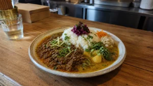 北浜の小さなカレー店で香り豊かなスパイスカレーを味わう場面の編集イメージ