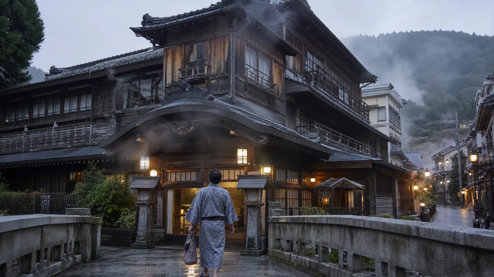 歴史ある木造の温泉館へ朝に向かう浴衣姿の旅行者