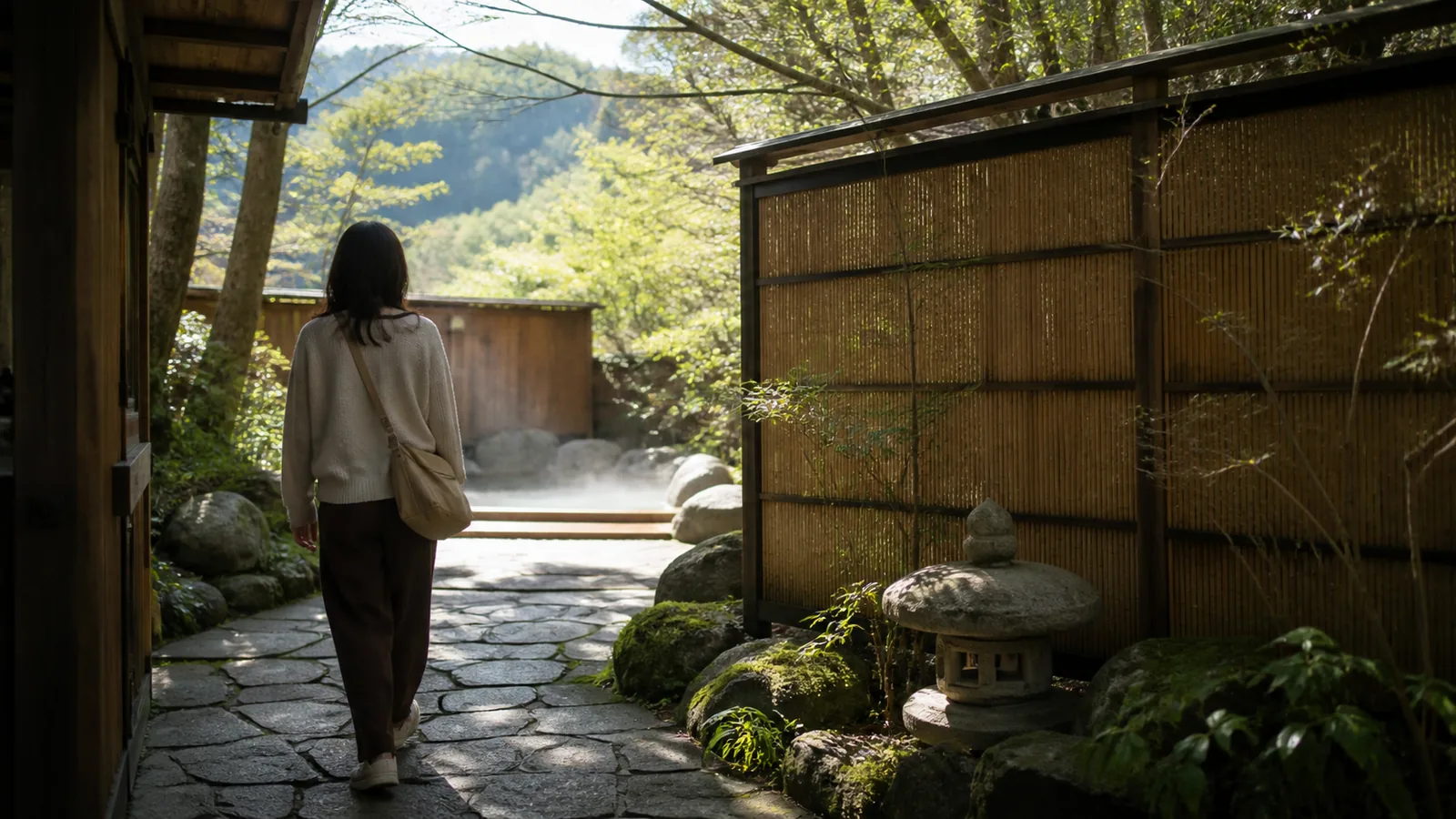 箱根の森に囲まれた日帰り温泉へ向かう旅行者の編集イメージ