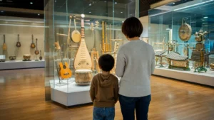世界の楽器が並ぶ展示室を親子で見学する様子を表した編集イメージ