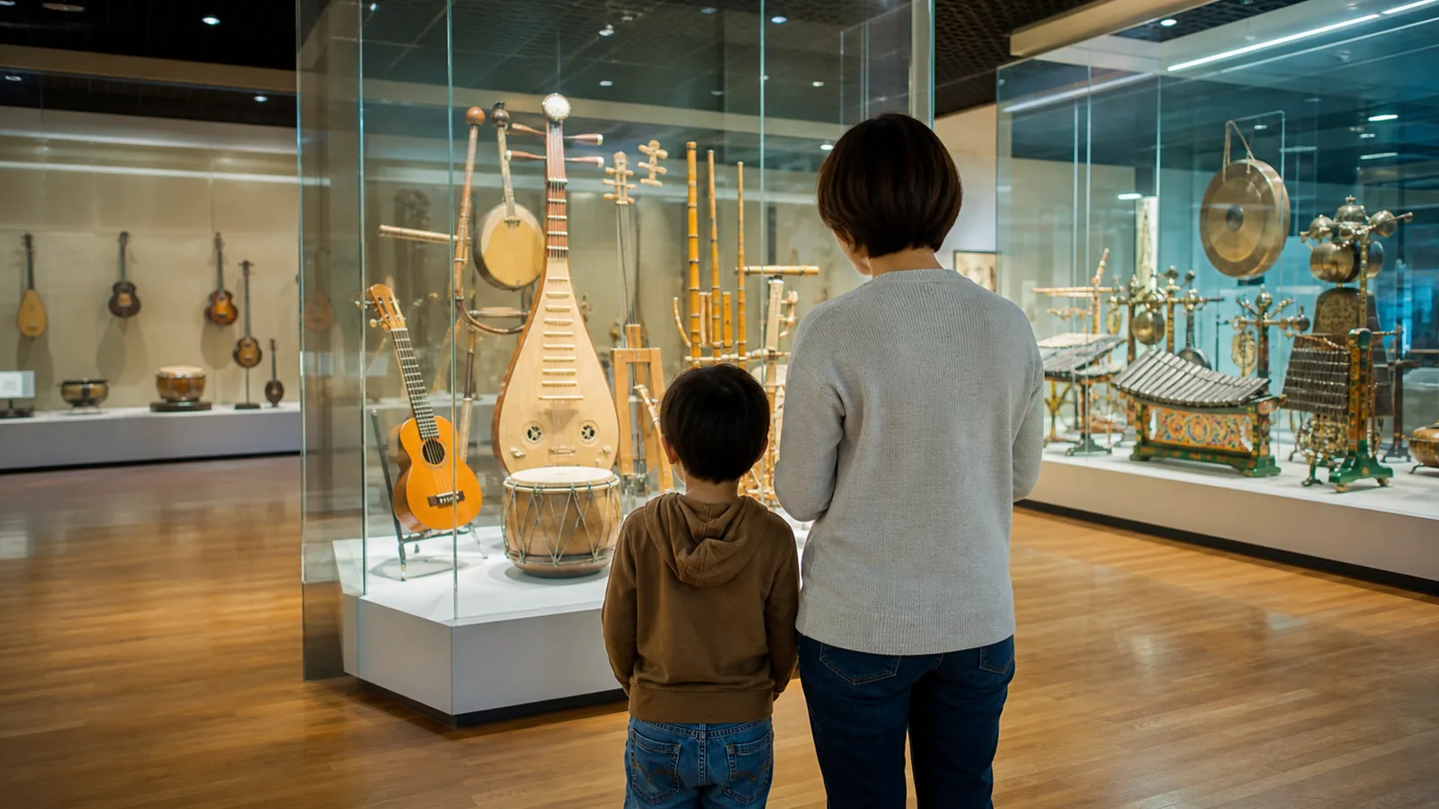 世界の楽器が並ぶ展示室を親子で見学する様子を表した編集イメージ