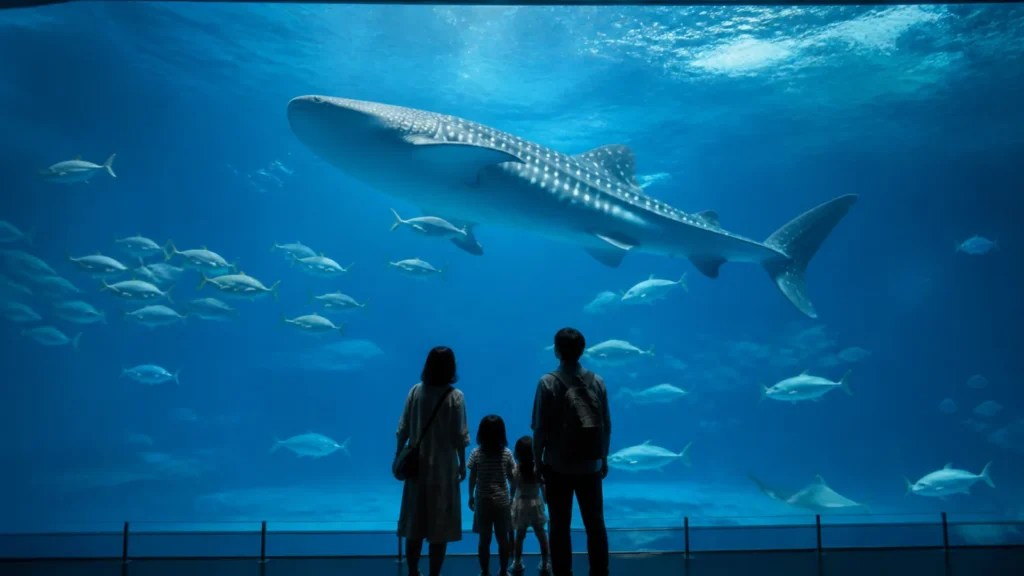 雨の日に大きな水槽を見上げる家族を表した水族館の編集イメージ