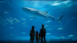 雨の日に大きな水槽を見上げる家族を表した水族館の編集イメージ