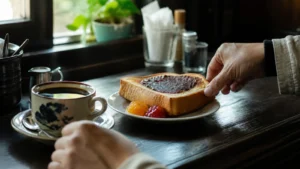 小倉と果実の味を添えたトーストとコーヒーの朝食