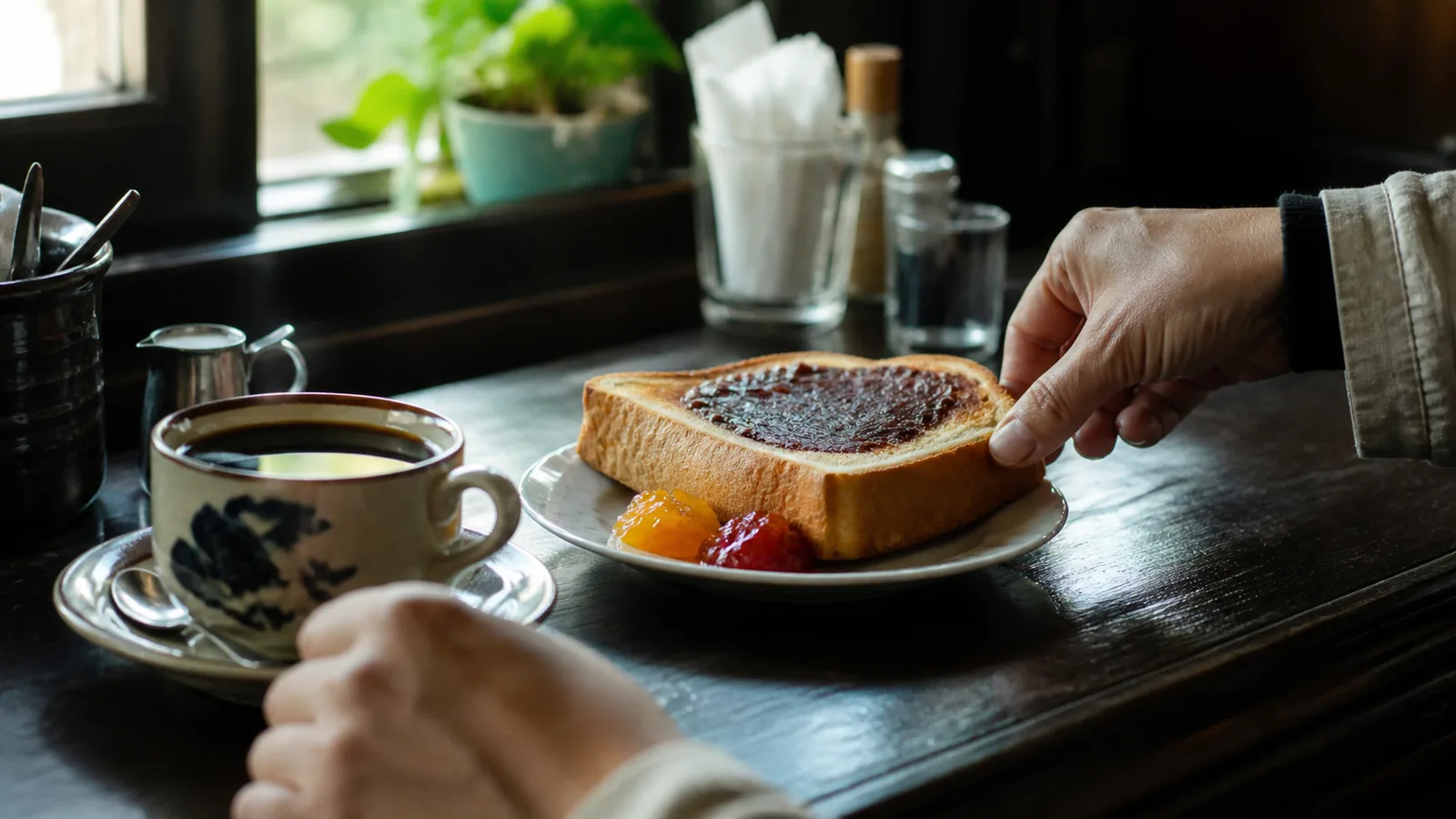 小倉と果実の味を添えたトーストとコーヒーの朝食
