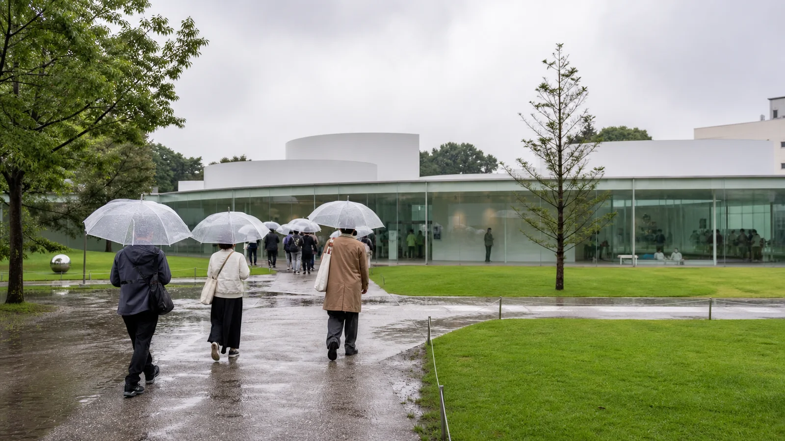 雨の金沢で傘を差して現代美術館へ向かう旅行者