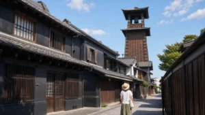 蔵造りの町並みを思わせる通りから木造鐘楼を見上げる旅行者の編集イメージ