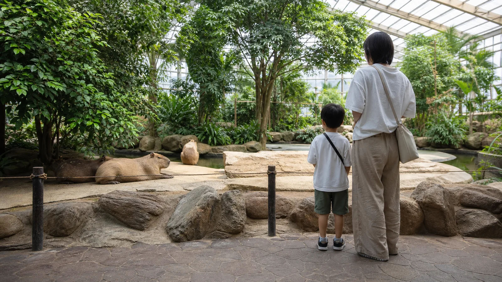 屋内型の動物施設でカピバラを観察する親子