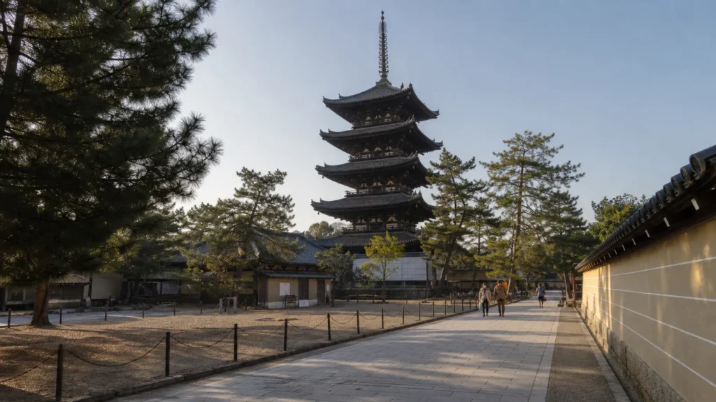 朝の奈良公園側から興福寺の伽藍を望む様子を表した編集イメージ