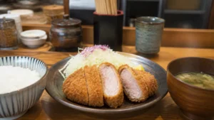 鹿児島の食堂で厚切りの黒豚とんかつ定食を味わう場面の編集イメージ