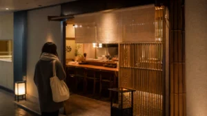 金沢駅直結の飲食街にある和風おでん店へ入る旅行者の編集イメージ