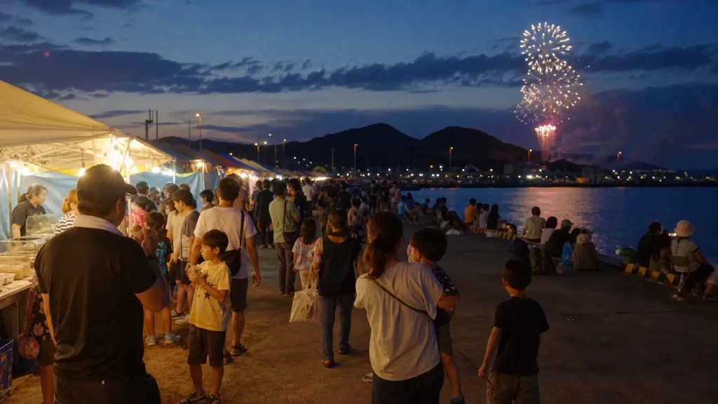 北海道の港町を思わせる会場で花火を見る家族