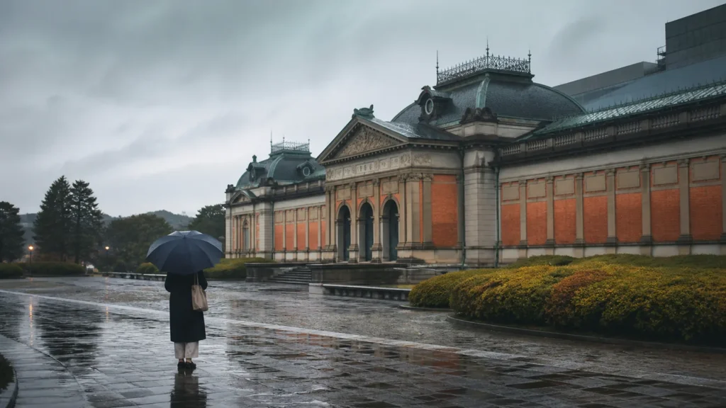 雨に濡れた石畳から京都の歴史的な博物館建築を眺める編集イメージ