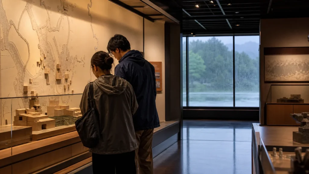 雨の日に城下町の歴史展示を見学する旅行者の編集イメージ
