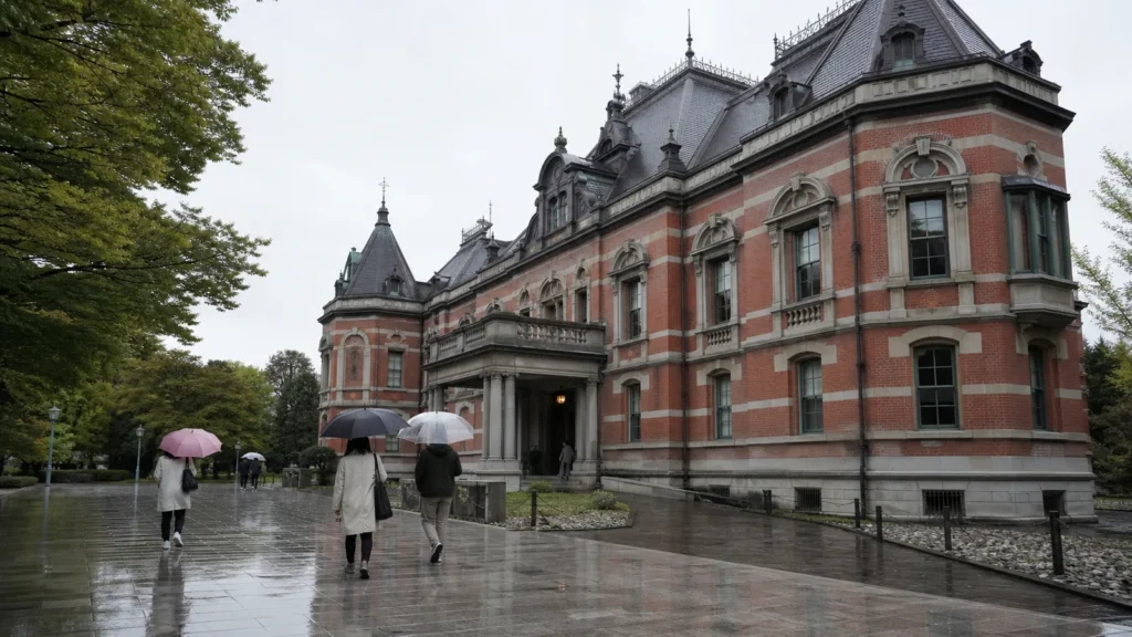 雨の日にもりおか歴史文化館を思わせる建物へ向かう旅行者