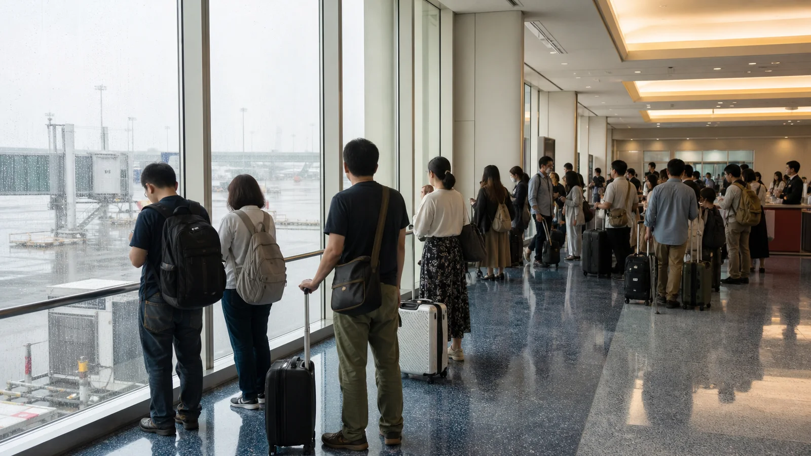 強い雨を窓越しに見ながら那覇の空港で待つ旅行者