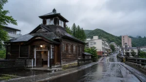 鳴子温泉の昔ながらの共同浴場を思わせる木造浴舎の編集イメージ