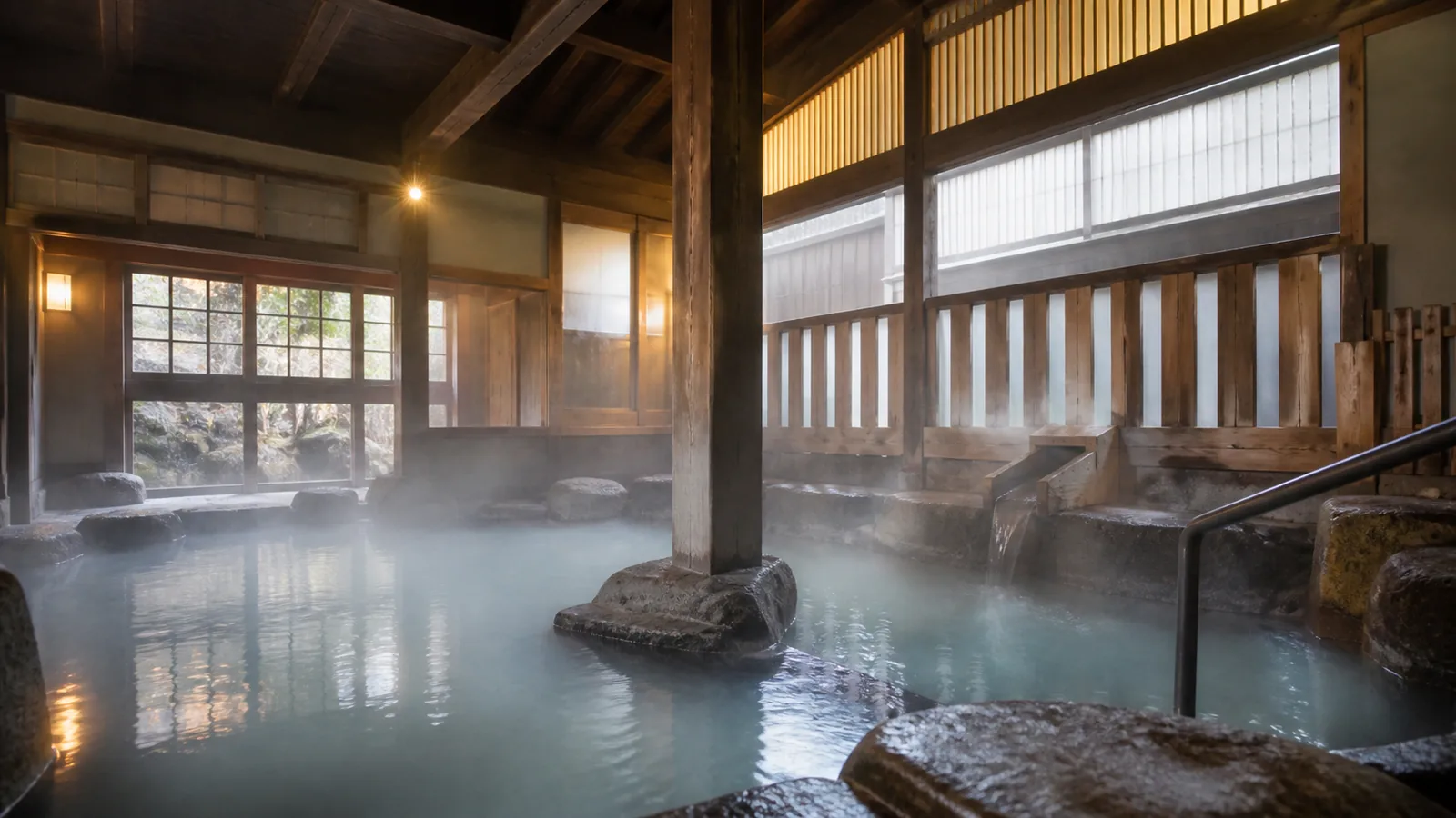 木の梁と石造りの浴槽がある草津温泉の日帰り入浴施設を表した編集イメージ