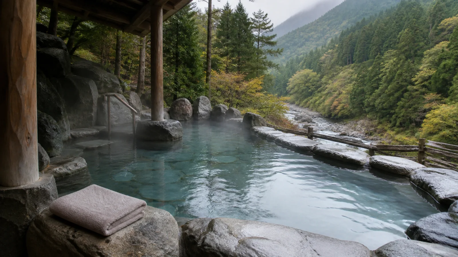 下呂の山と川を望む石造りの露天風呂