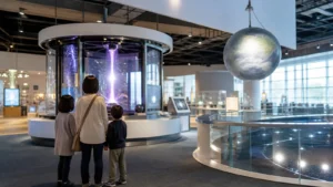 明るい科学展示を親子で観察する編集イメージ