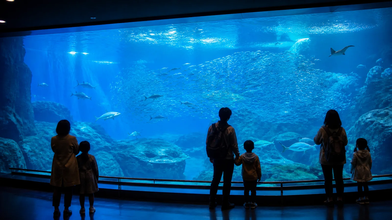 雨の日の大型水族館で青い大水槽を眺める家族