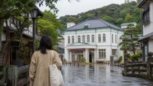 嬉野温泉の歴史ある公共浴場へ歩いて向かう旅行者の編集イメージ