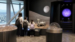 郡山の高層階にある科学館で親子が宇宙展示を見る編集イメージ