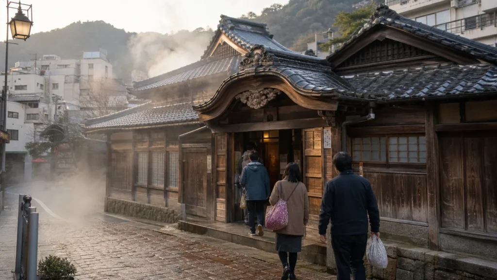 別府の歴史ある共同浴場を思わせる木造建築へ向かう旅行者