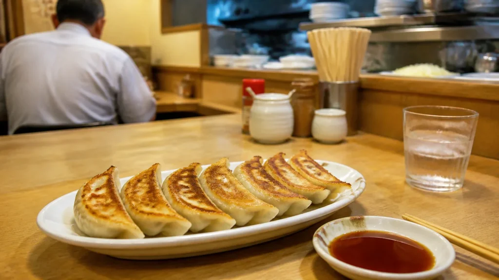 宇都宮の気取らない餃子店で焼き餃子を味わう旅行者