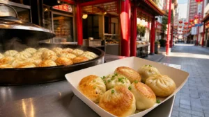 横浜中華街の売店で焼き小籠包を紙トレーに盛り付けた編集イメージ