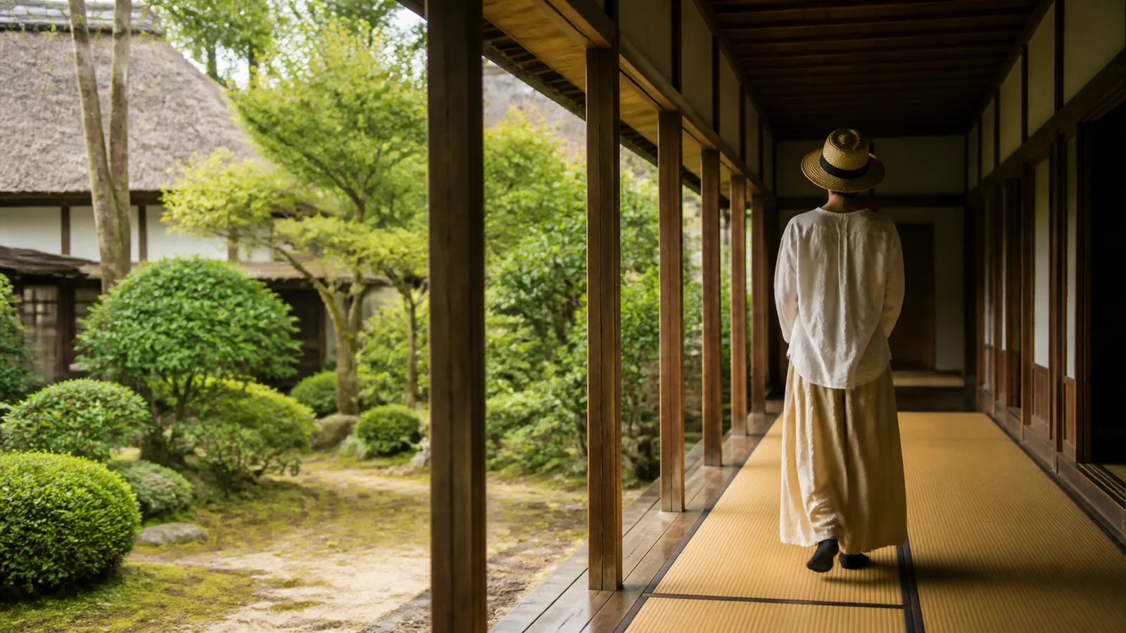 武家屋敷風の畳廊下と庭を静かに見学する旅行者の編集イメージ