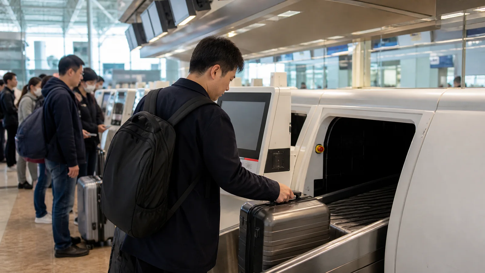 国内線空港の自動手荷物預け機を使う旅行者