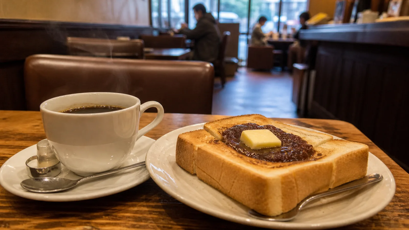 厚切りトーストと小倉、コーヒーを味わう名古屋の朝