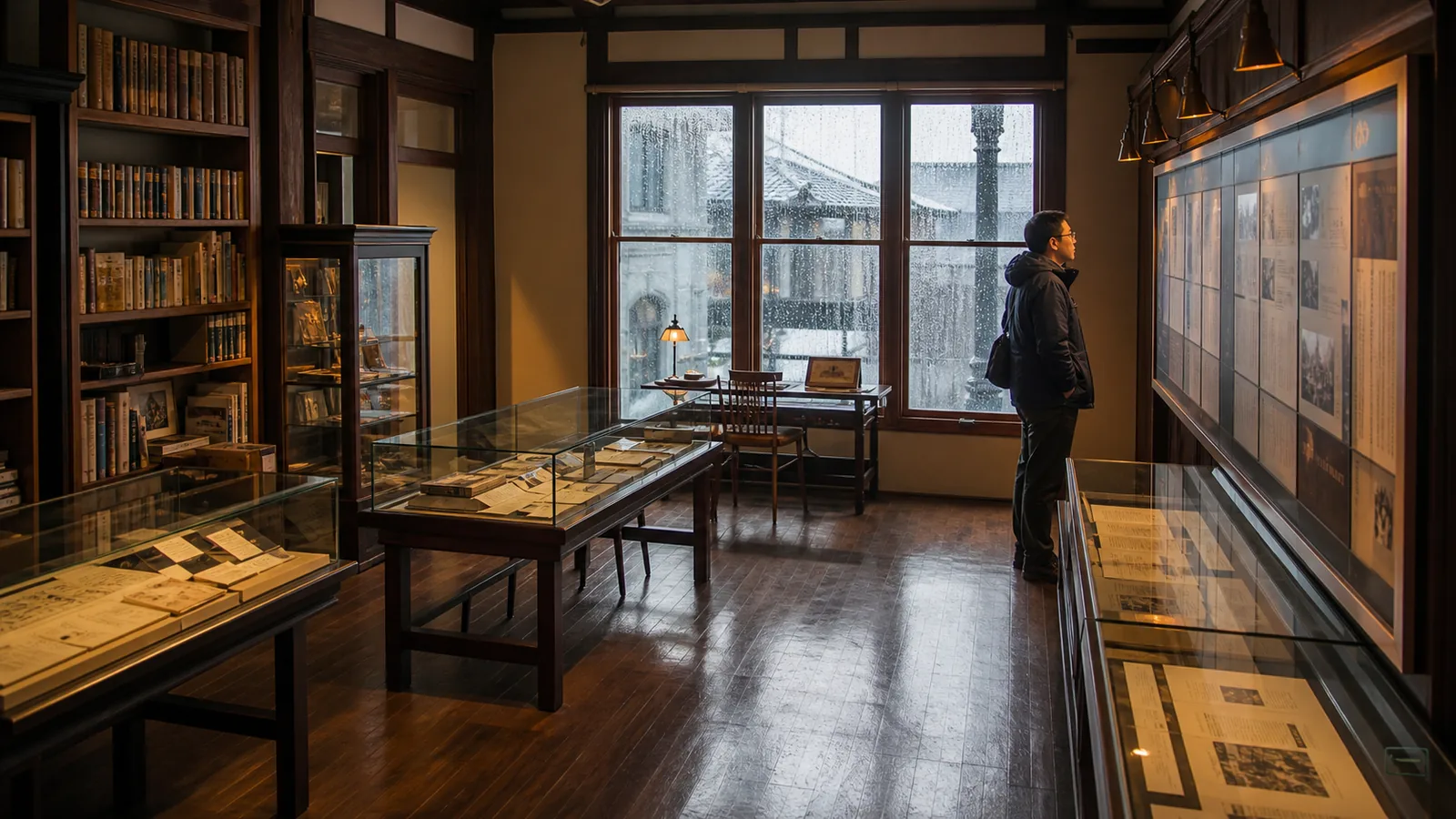 函館の文学館を思わせる静かな展示室で資料を読む旅行者