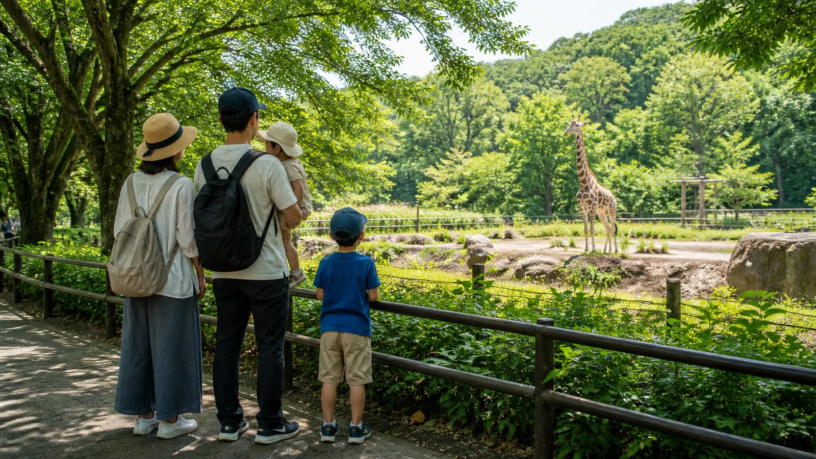 緑の園路からキリンを観察する親子の編集イメージ