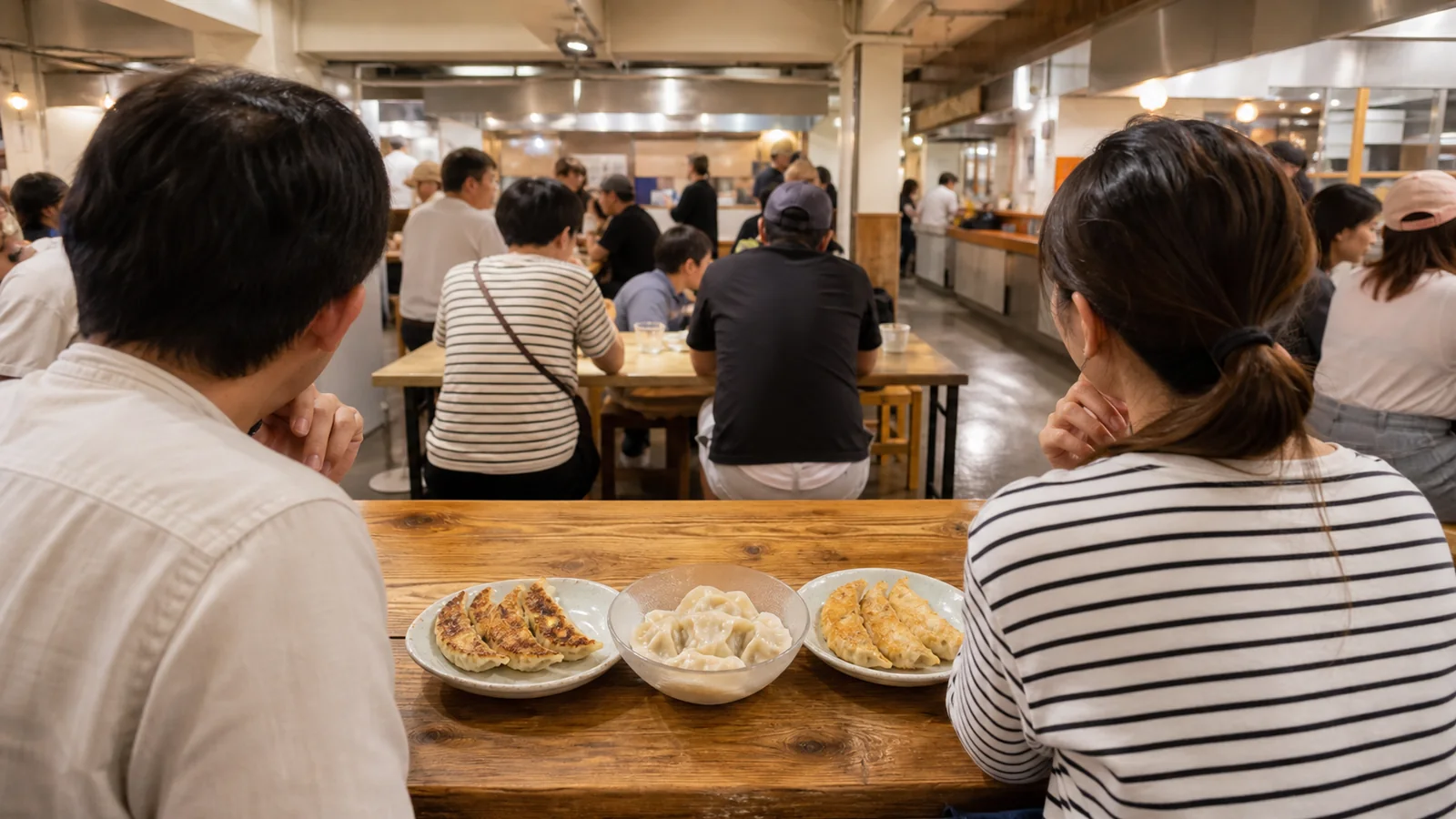 宇都宮のフードホールで焼き餃子や水餃子を食べ比べる旅行者