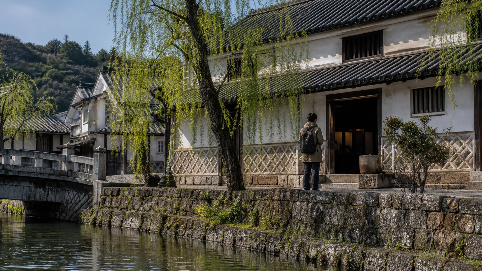 倉敷川沿いの白壁の土蔵建築へ歩く旅行者