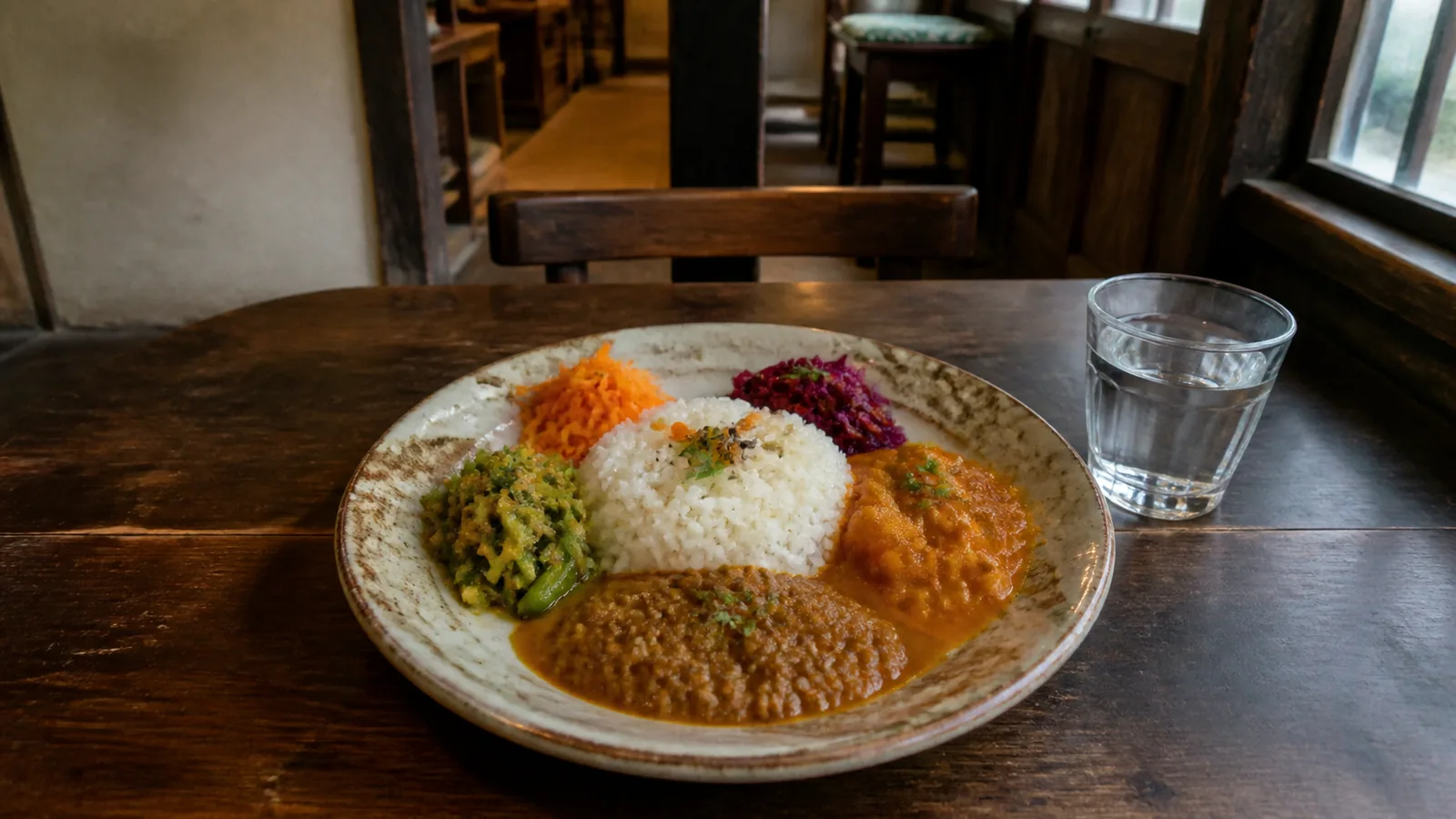 空堀の古い町家風の食堂で複数のカレーと副菜を味わう編集イメージ