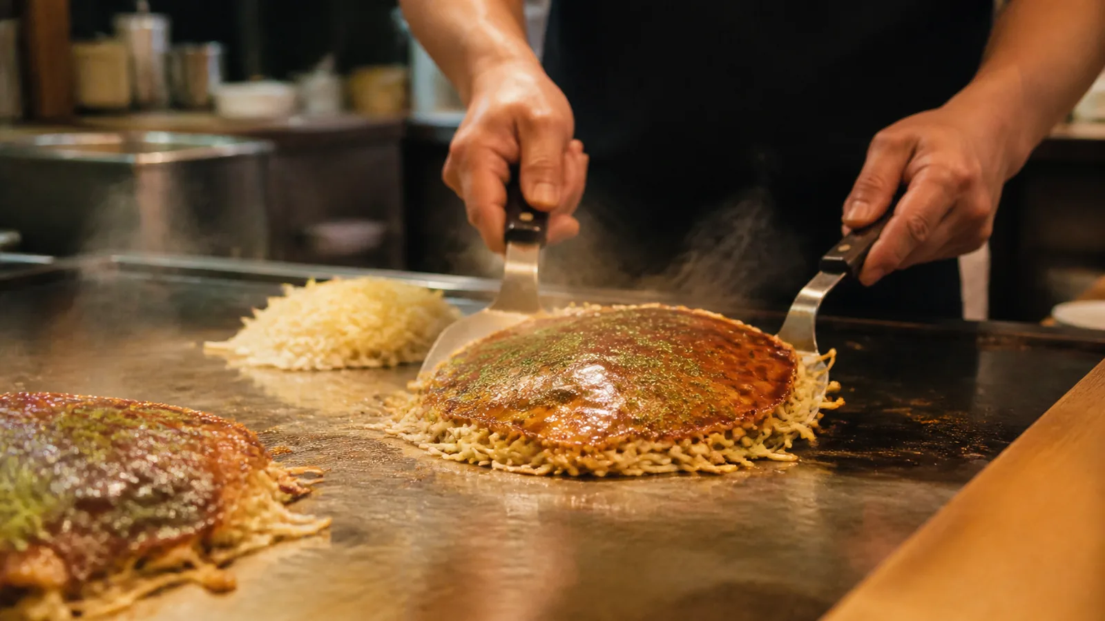 八丁堀の鉄板で焼き手がお好み焼きを仕上げる場面の編集イメージ