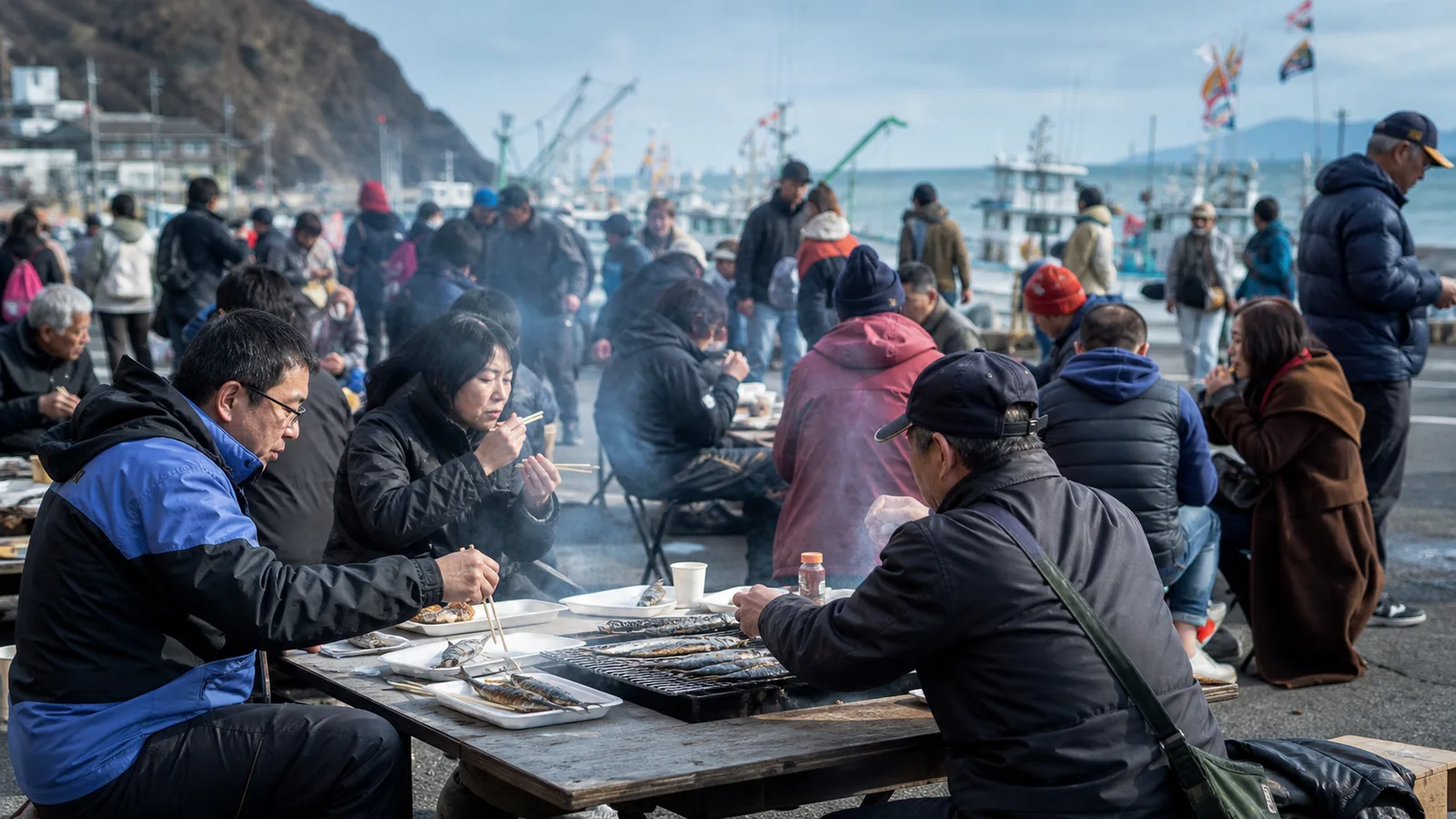 北海道の漁港で焼きさんまを味わう来場者