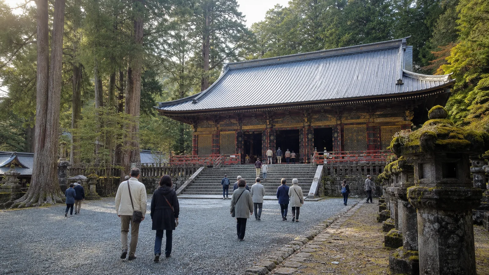 日光の杉木立に囲まれた大きな寺院建築を思わせる三仏堂へ向かう旅行者