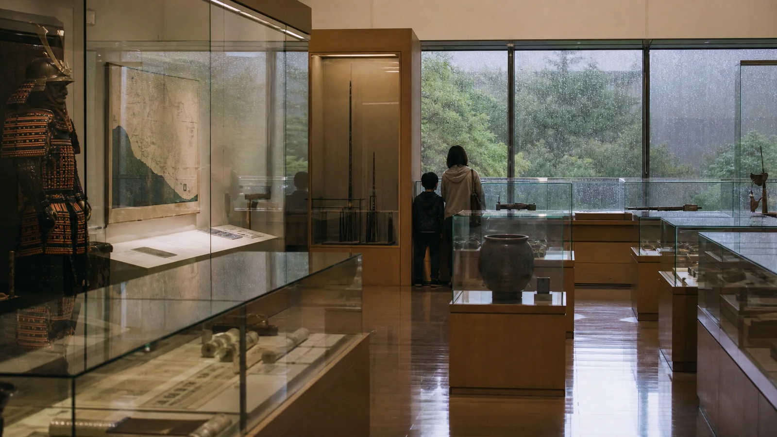 雨の窓を背景に歴史資料を展示する落ち着いた博物館内