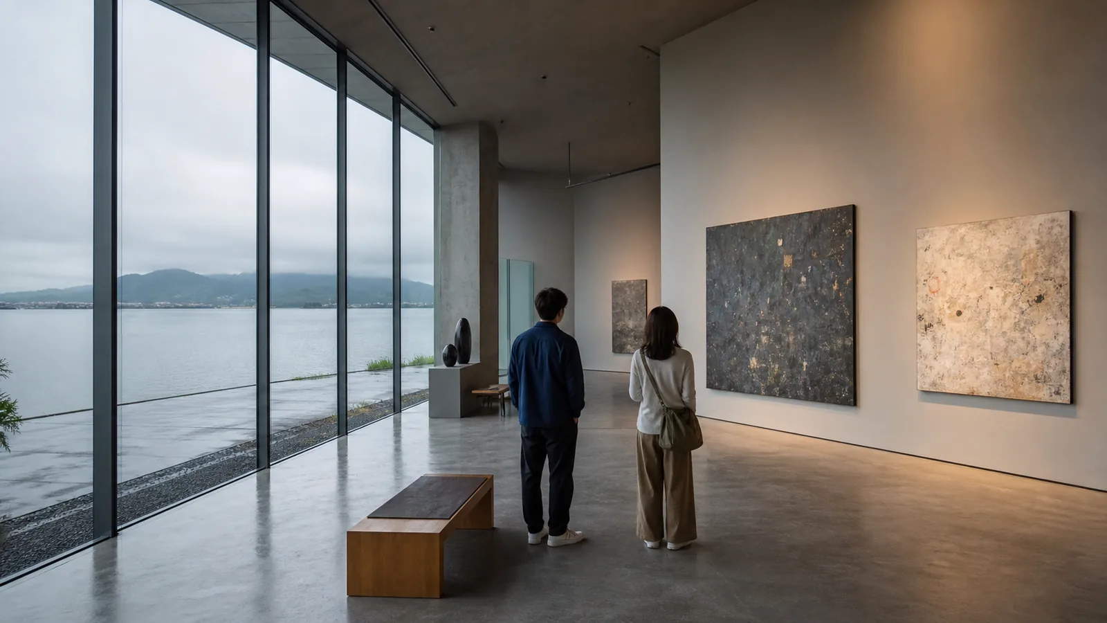 雨の湖畔にある現代的な美術館で作品を見る二人の編集イメージ