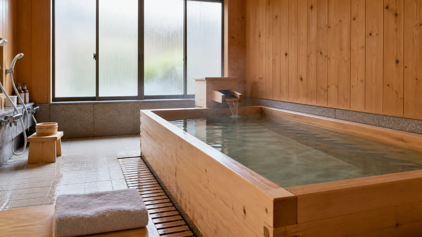 木の香りを感じる落ち着いた檜の内湯