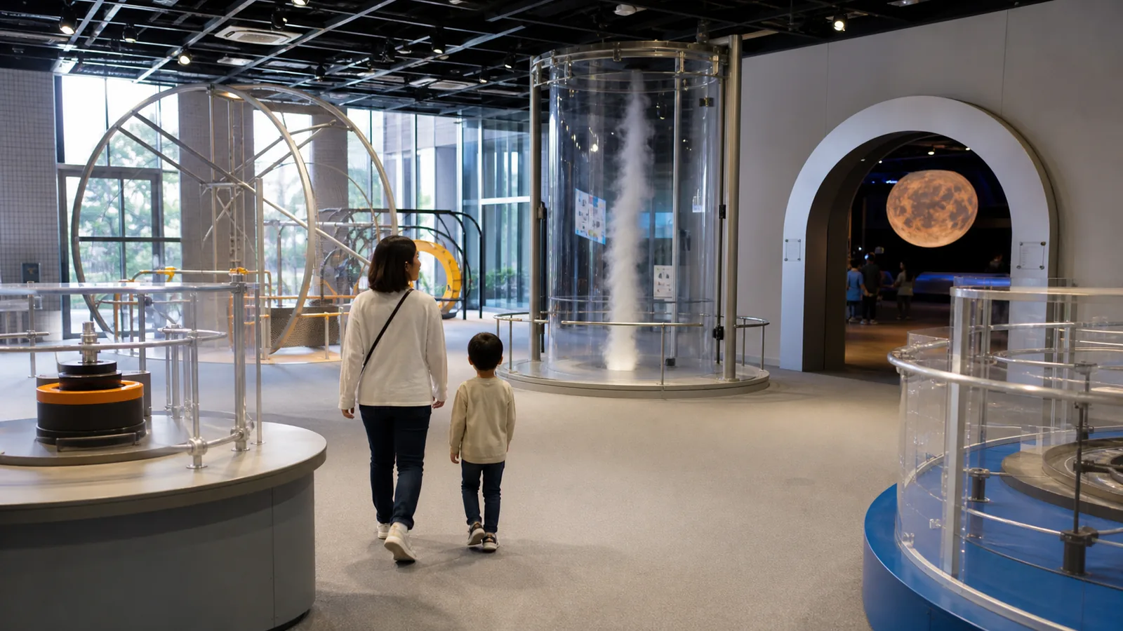 親子が大型の科学実験展示と宇宙展示を見学する編集イメージ