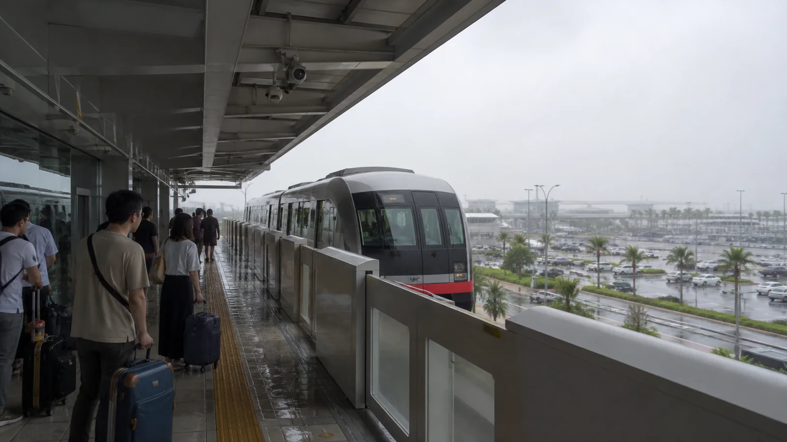 大雨の那覇空港駅でモノレールを待つ旅行者